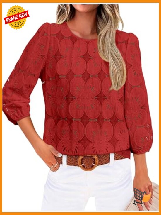 Eyelet Lace 3/4 Sleeve Peasant Top, Lightweight Blouse for Spring Summer - Picture 2 of 7